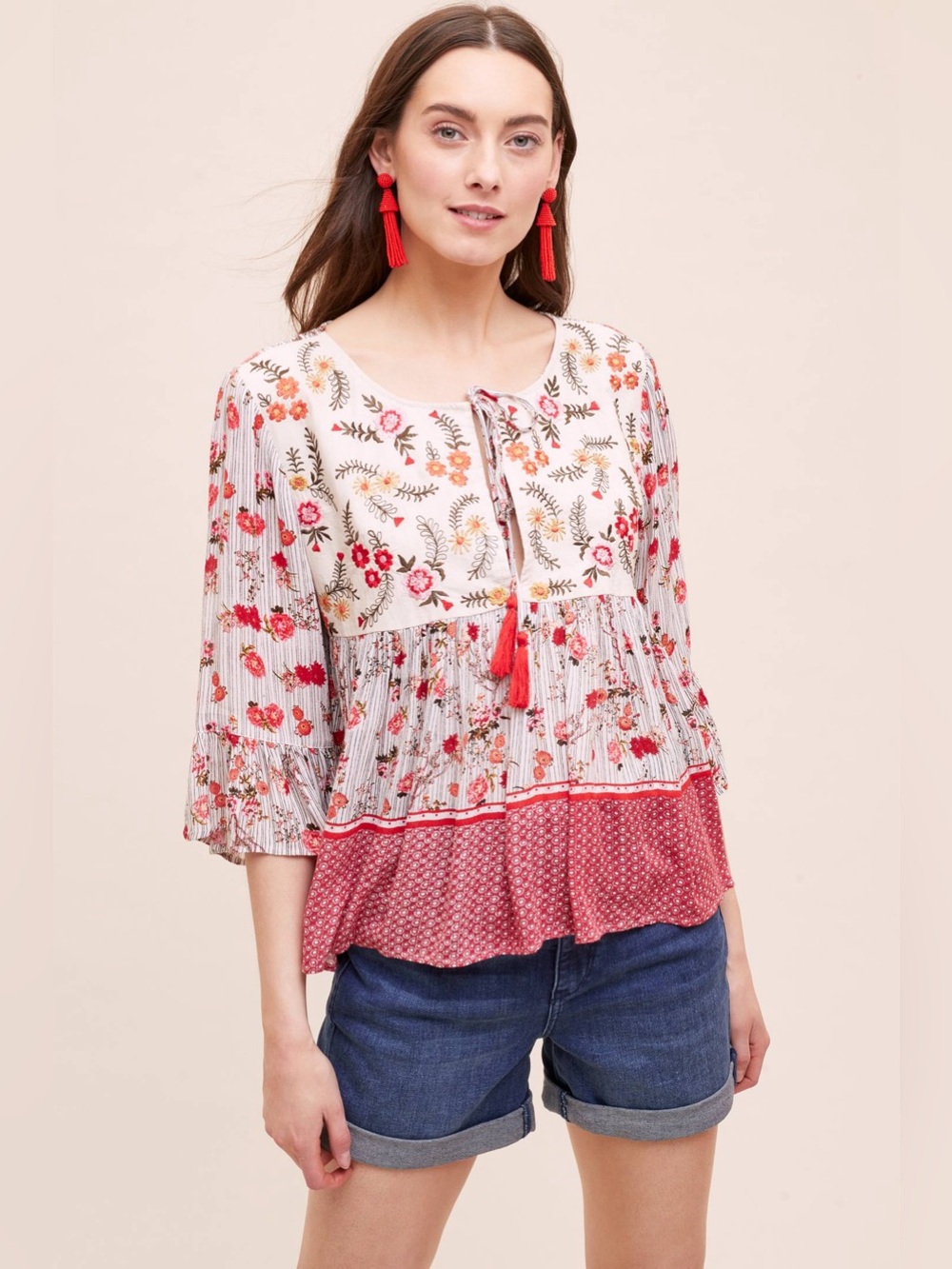 Raga Anthropologie Primrose Printed Embroidered Boho Blouse Medium